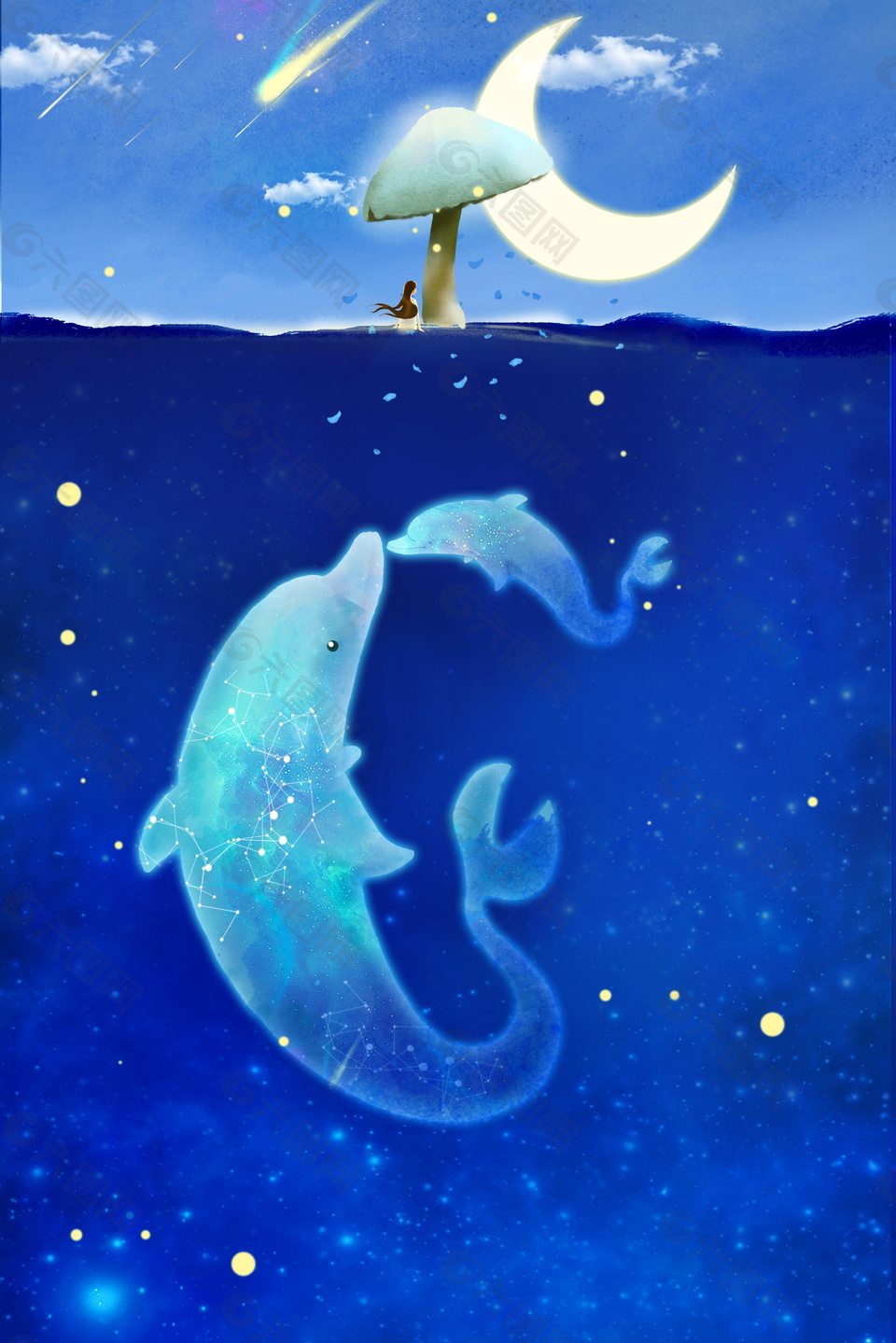 唯美蓝色海洋海豚母亲节背景素材