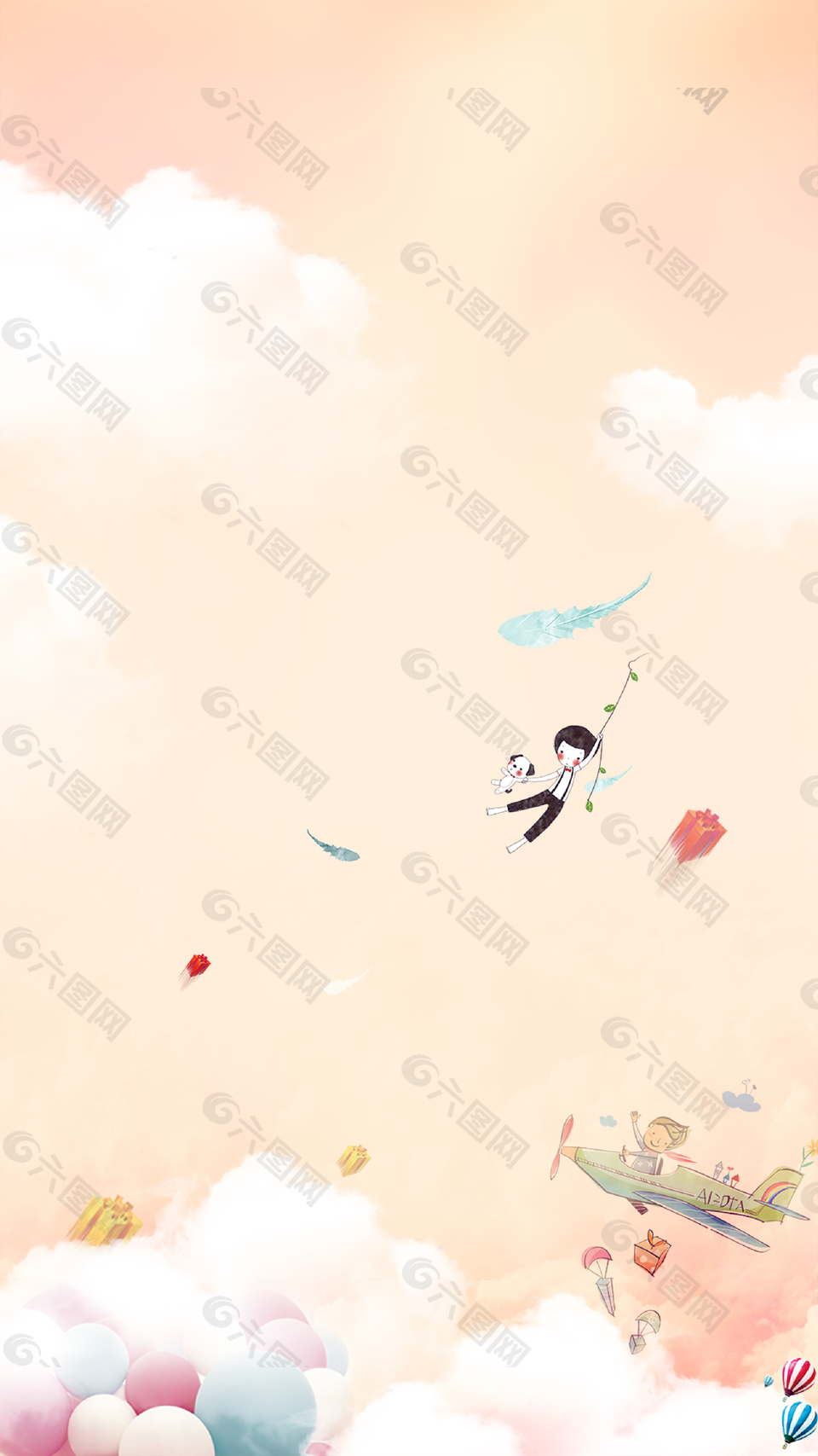 儿童卡通飞机气球云彩背景素材