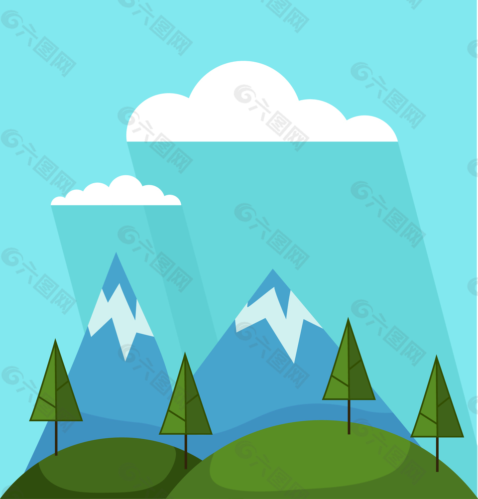 蓝色扁平风景插画