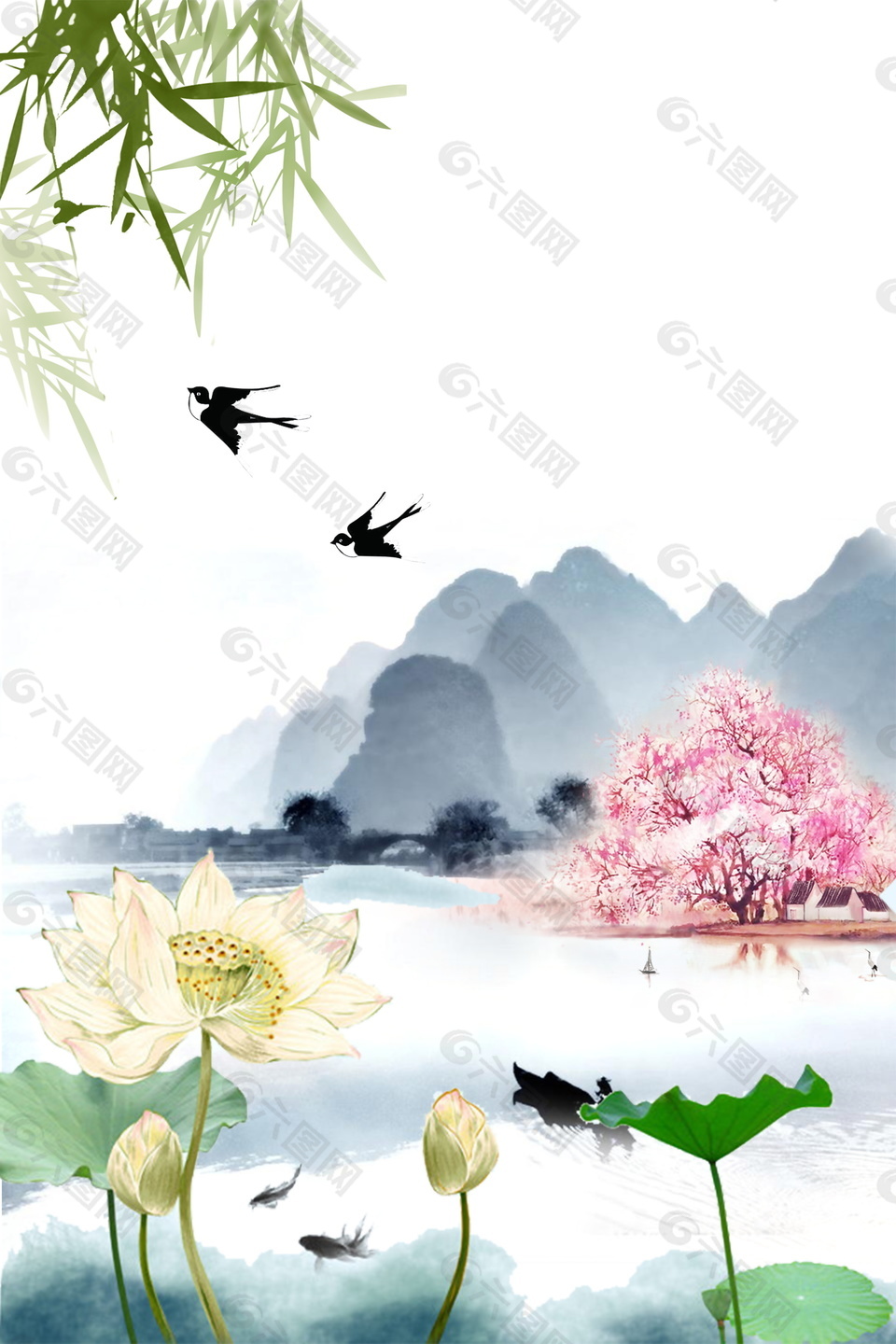 夏季彩绘荷花竹叶远山海报背景设计