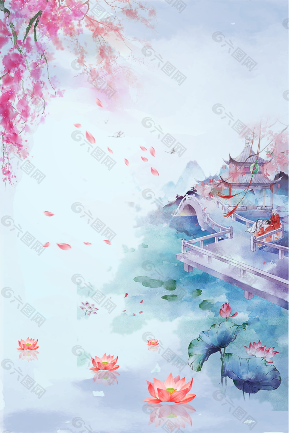 彩绘唯美古风荷塘海报背景设计