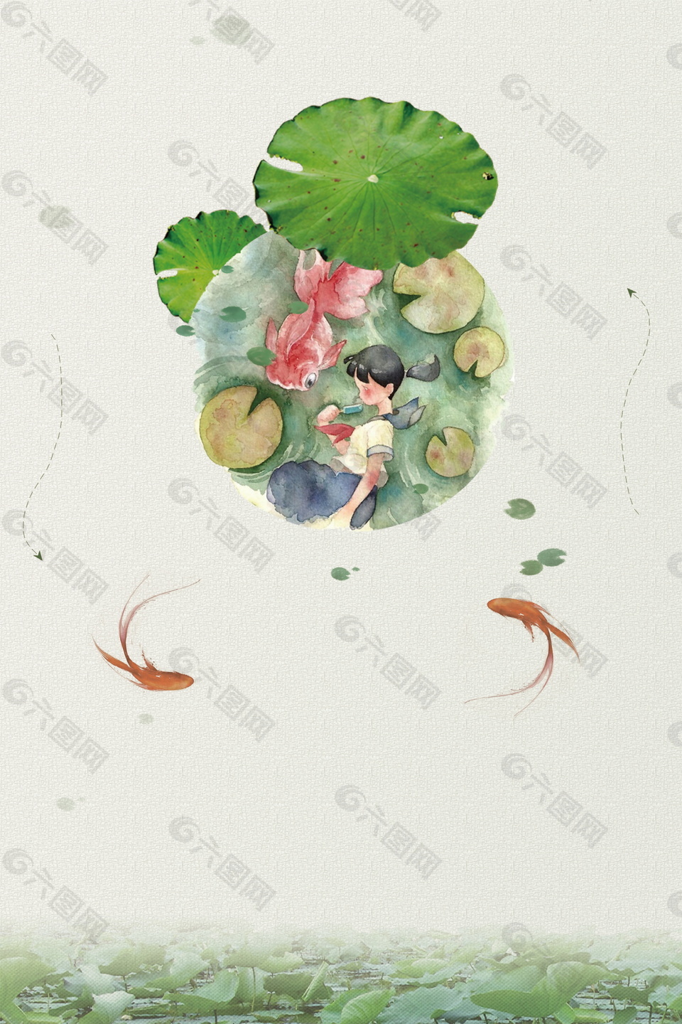 唯美彩绘荷塘金鱼海报背景设计