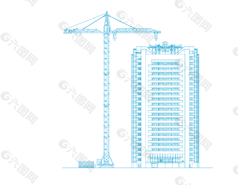 卡通蓝色高楼施工设计图纸矢量元素