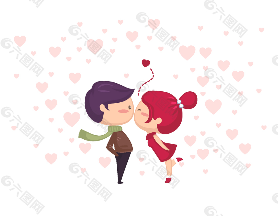 卡通爱心情侣接吻矢量元素