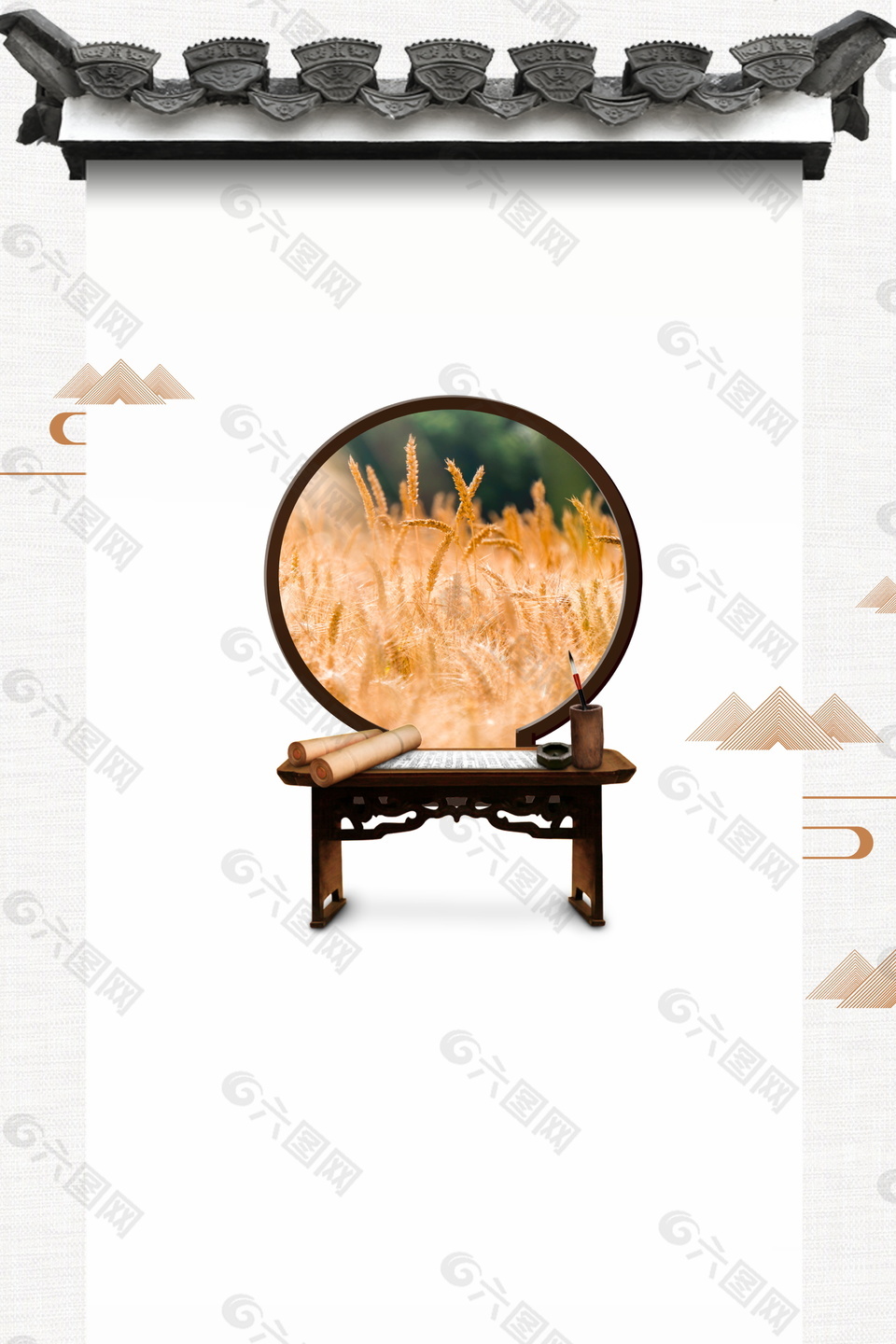 中国风创意屋檐小麦丰收海报背景设计