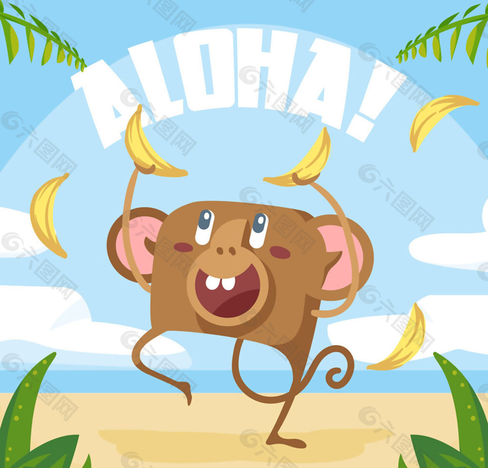 卡通夏威夷拿香蕉的猴子矢量素材