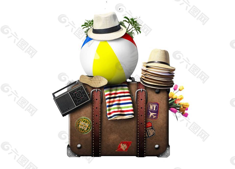 旅游季帽子行李箱沙滩球png元素
