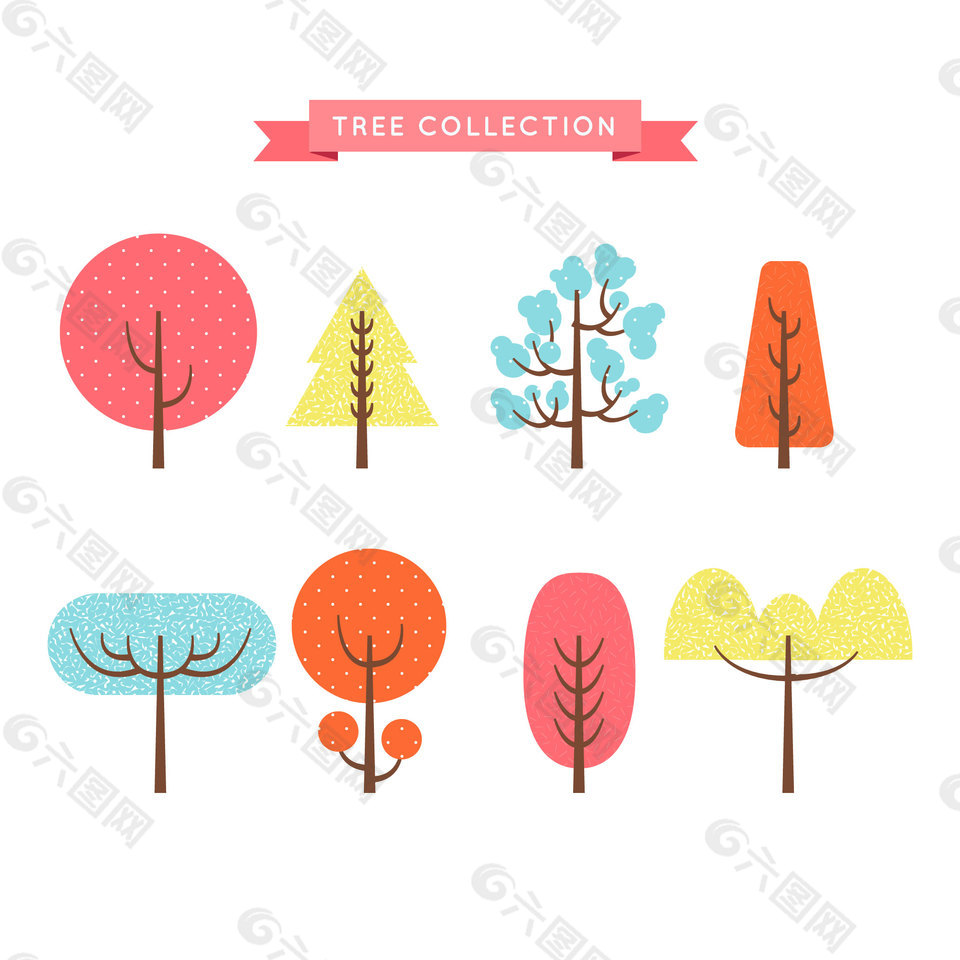 8棵彩色卡通树装饰素材