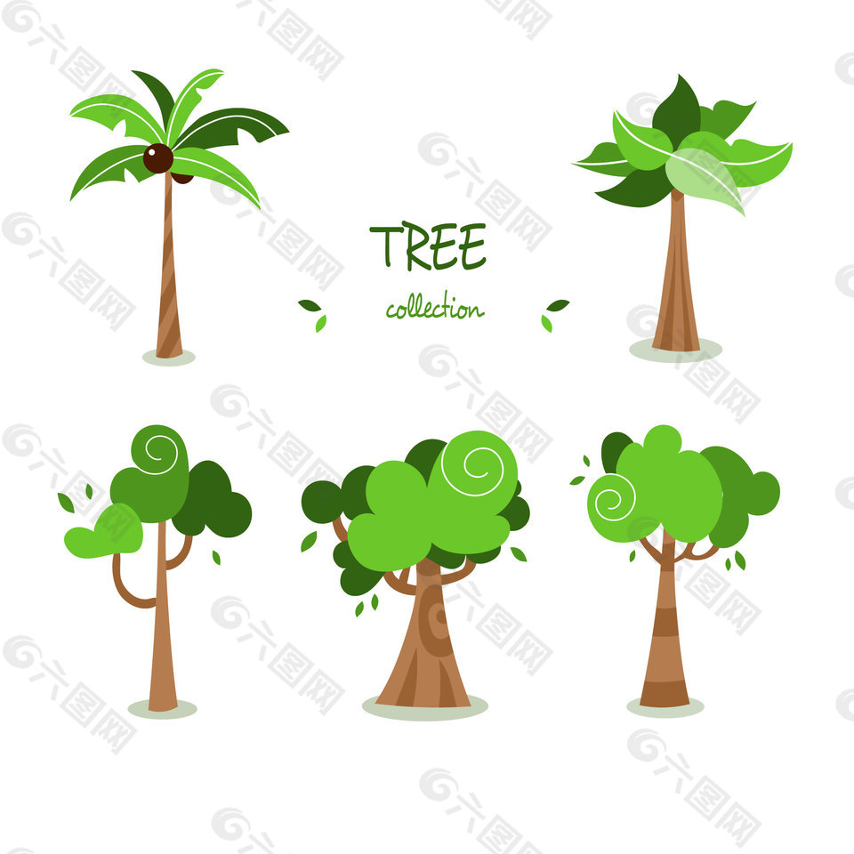 5款卡通绿树装饰矢量图