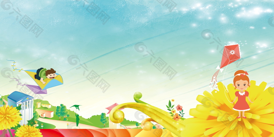 金黄花朵女孩风筝节背景素材