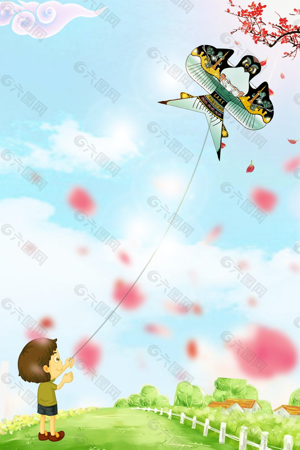 卡通放风筝春季风筝节广告背景素材