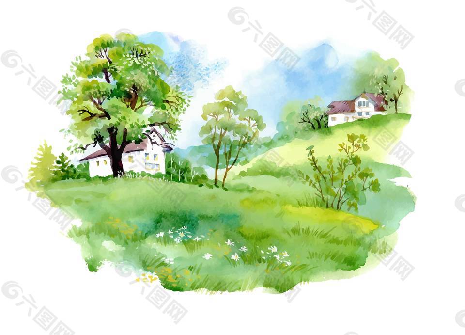 清新绿色草地树木png元素