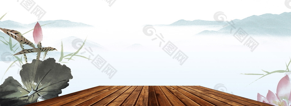 荷花山水木板背景图