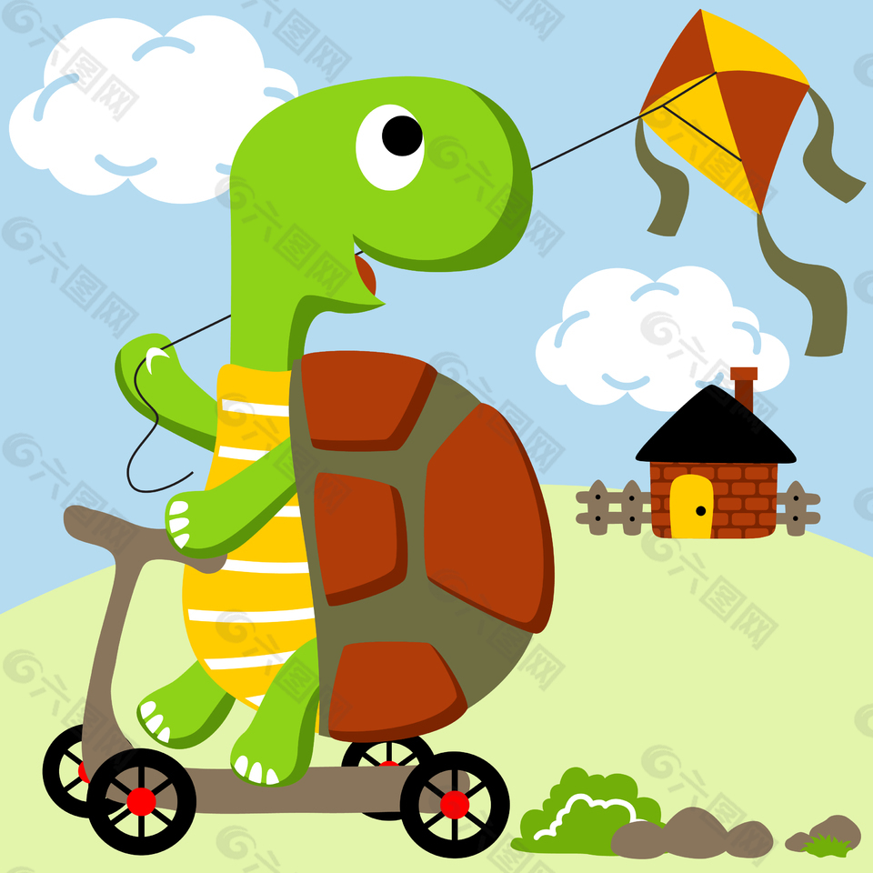 可爱小乌龟骑车放风筝可爱卡通图片