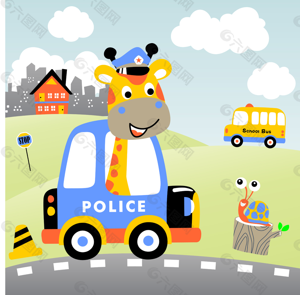 长颈鹿当警察可爱动漫图