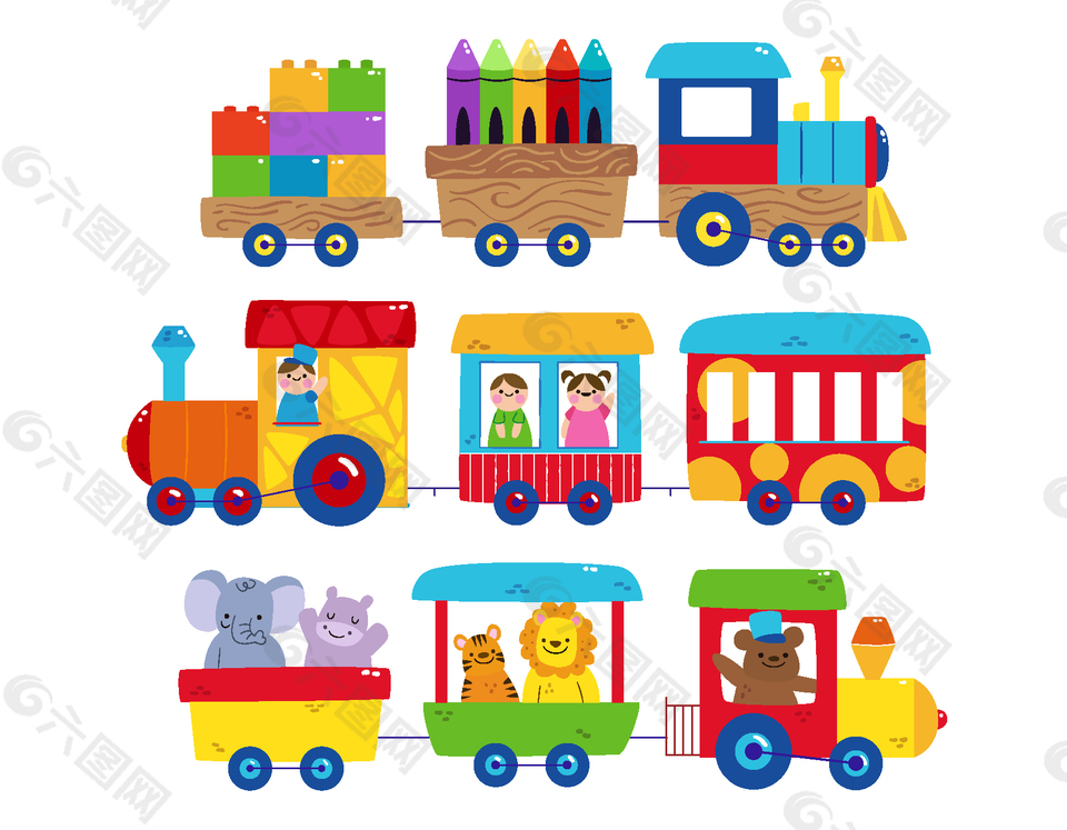 手绘多彩儿童火车积木玩具矢量图