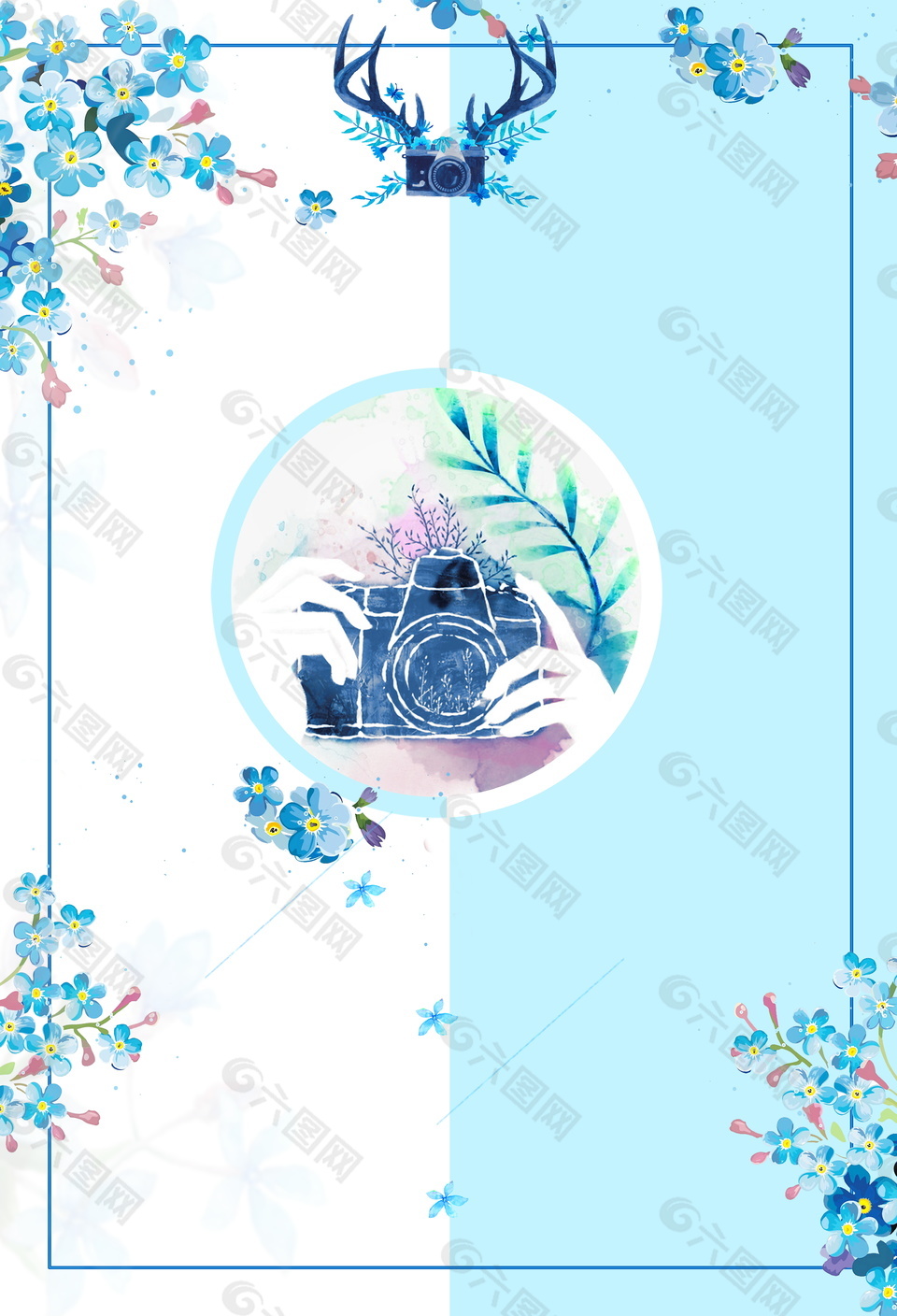 蓝色花朵边框旅行相机广告背景素材