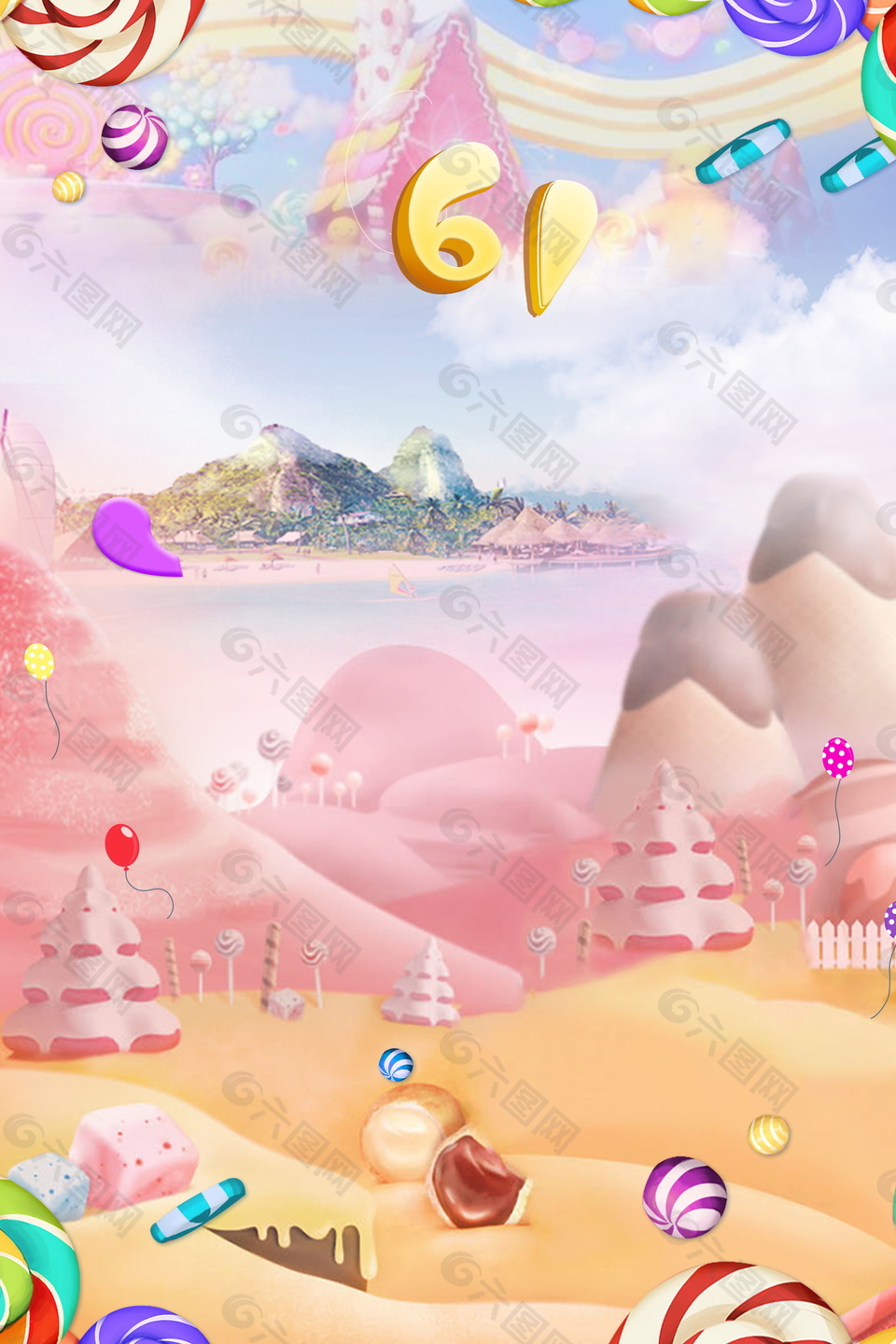 海边沙滩城堡儿童节背景设计