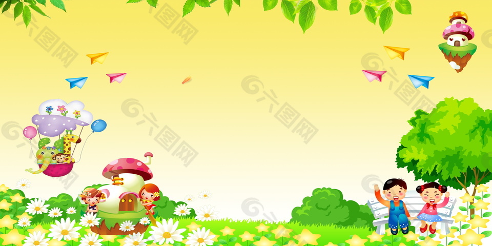 卡通花丛蘑菇城堡六一儿童节背景