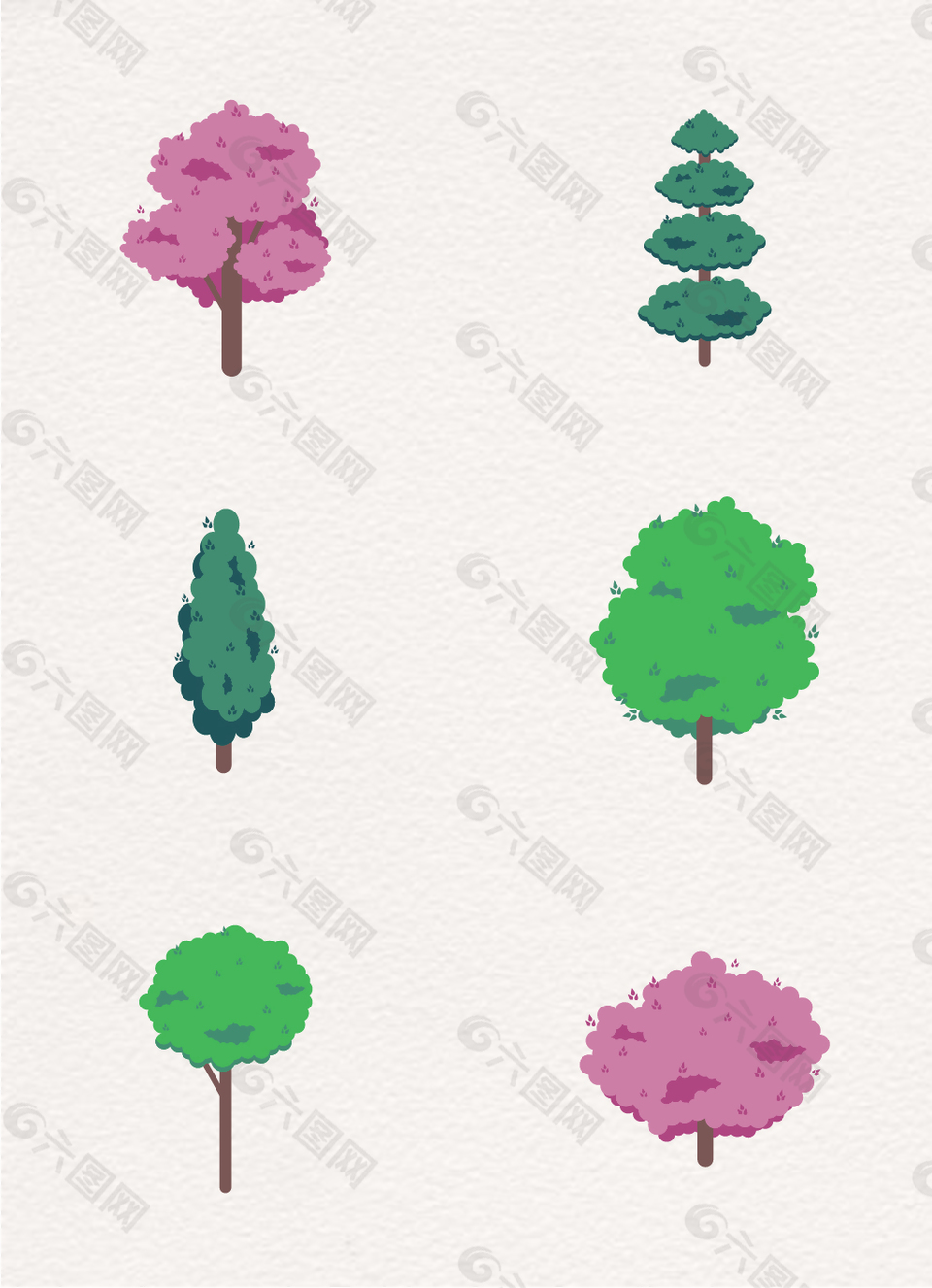 6棵蓝色粉色绿色树木装饰元素