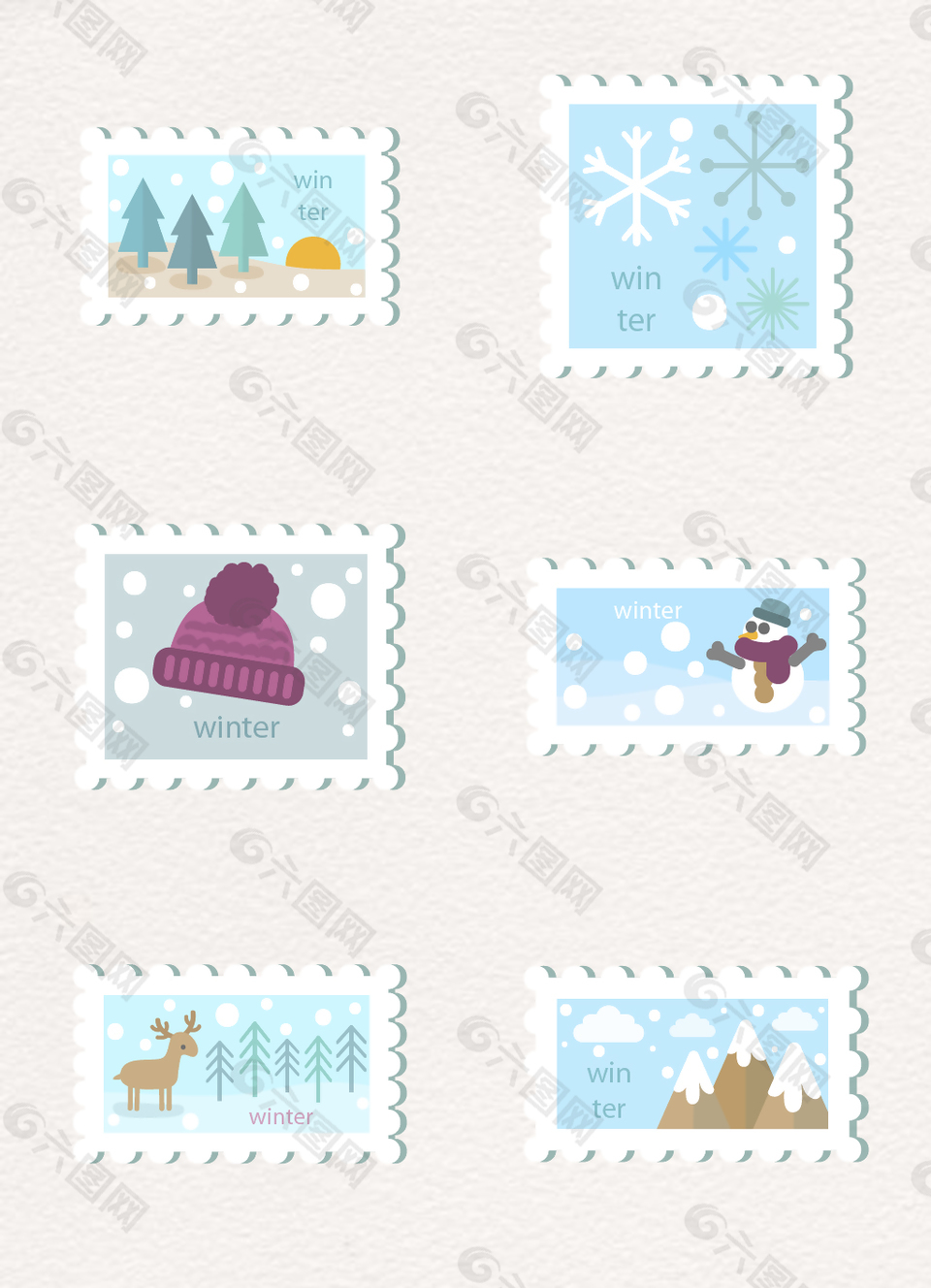 矢量雪景装饰邮票