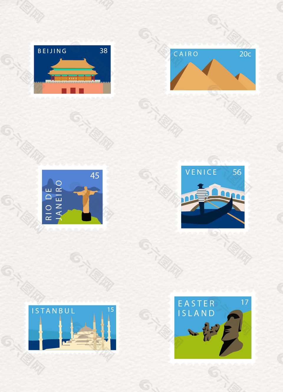 彩色旅游建筑邮票元素