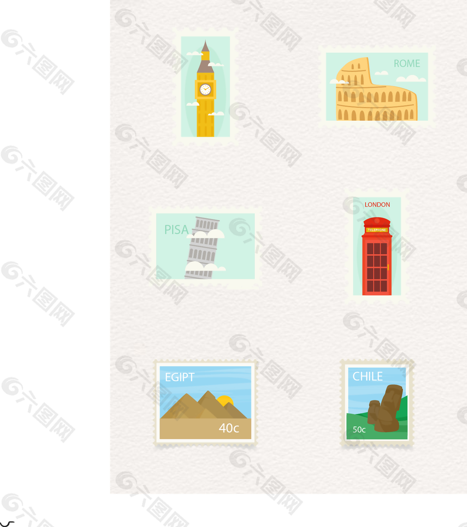 小清新可爱建筑邮票元素