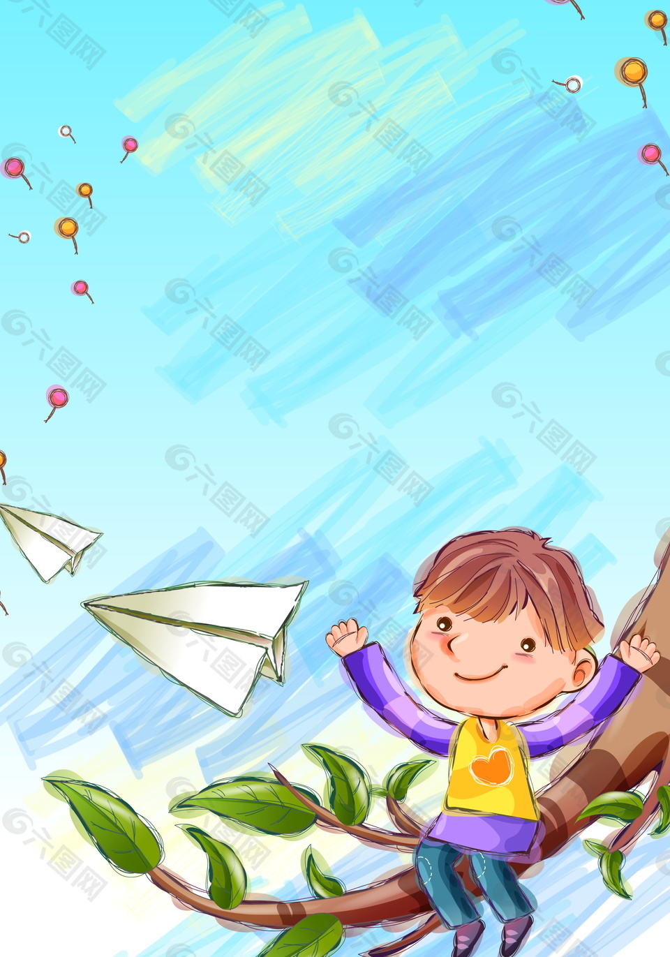 彩绘六一儿童节玩纸飞机的男孩背景