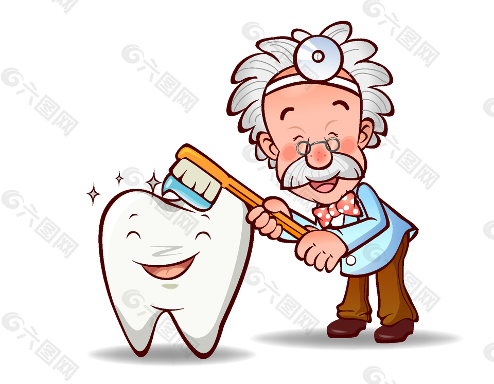 手绘给牙齿洗澡的老人元素