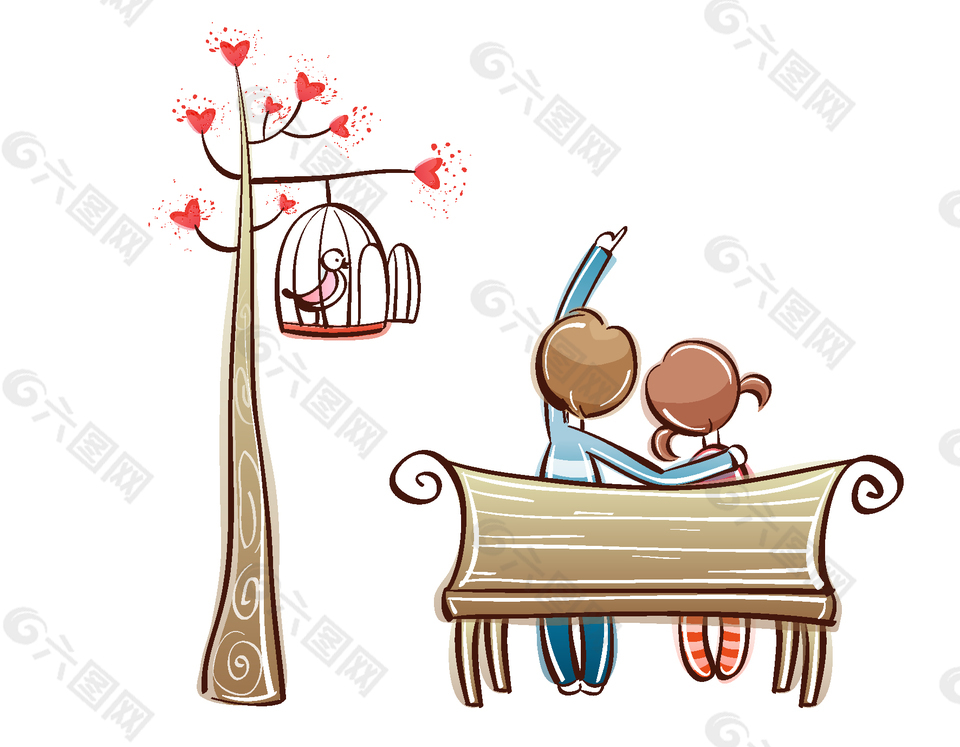 坐在爱心小树下的情侣元素图