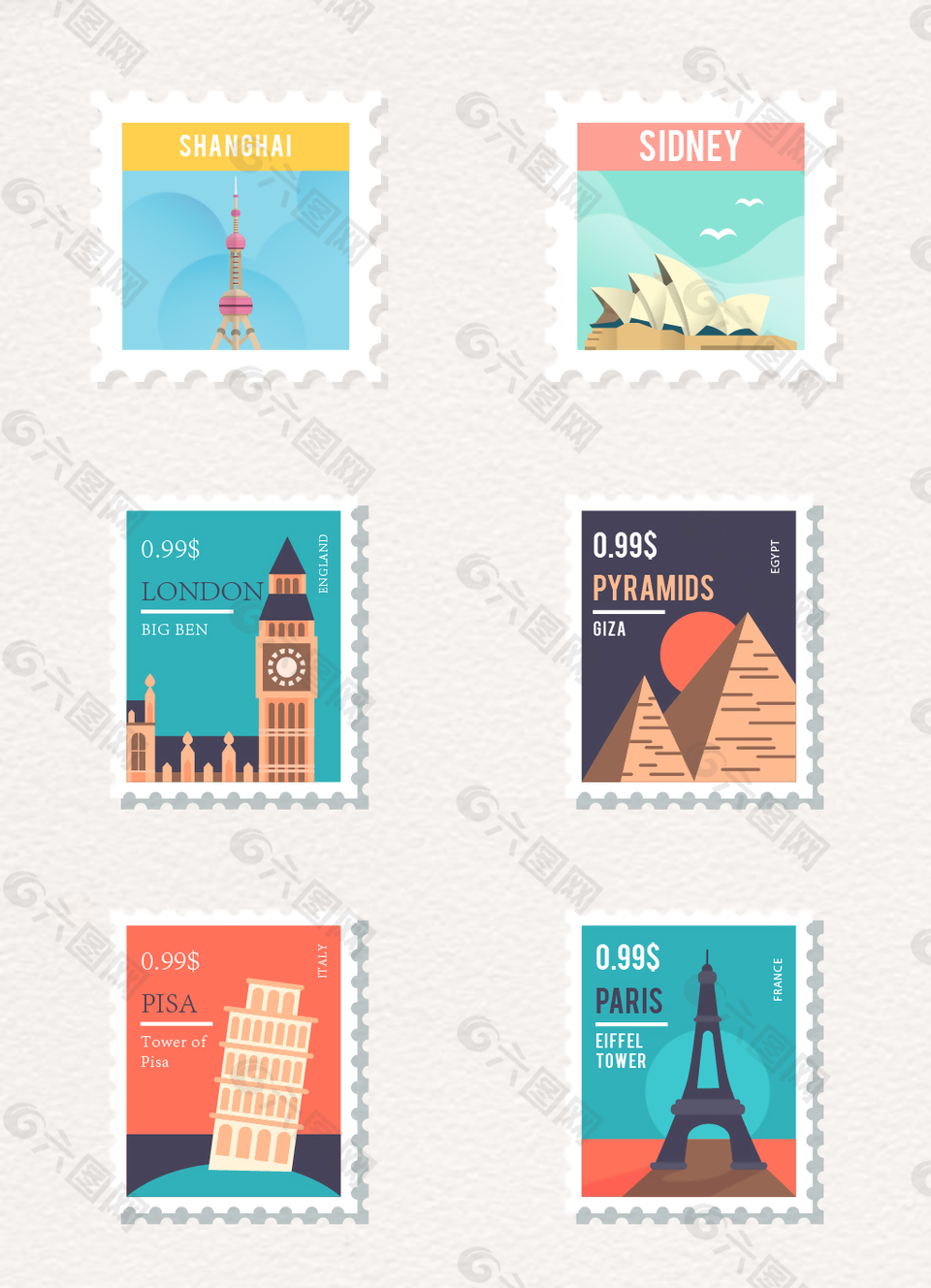 卡通矢量不同国家标志性建筑邮票元素