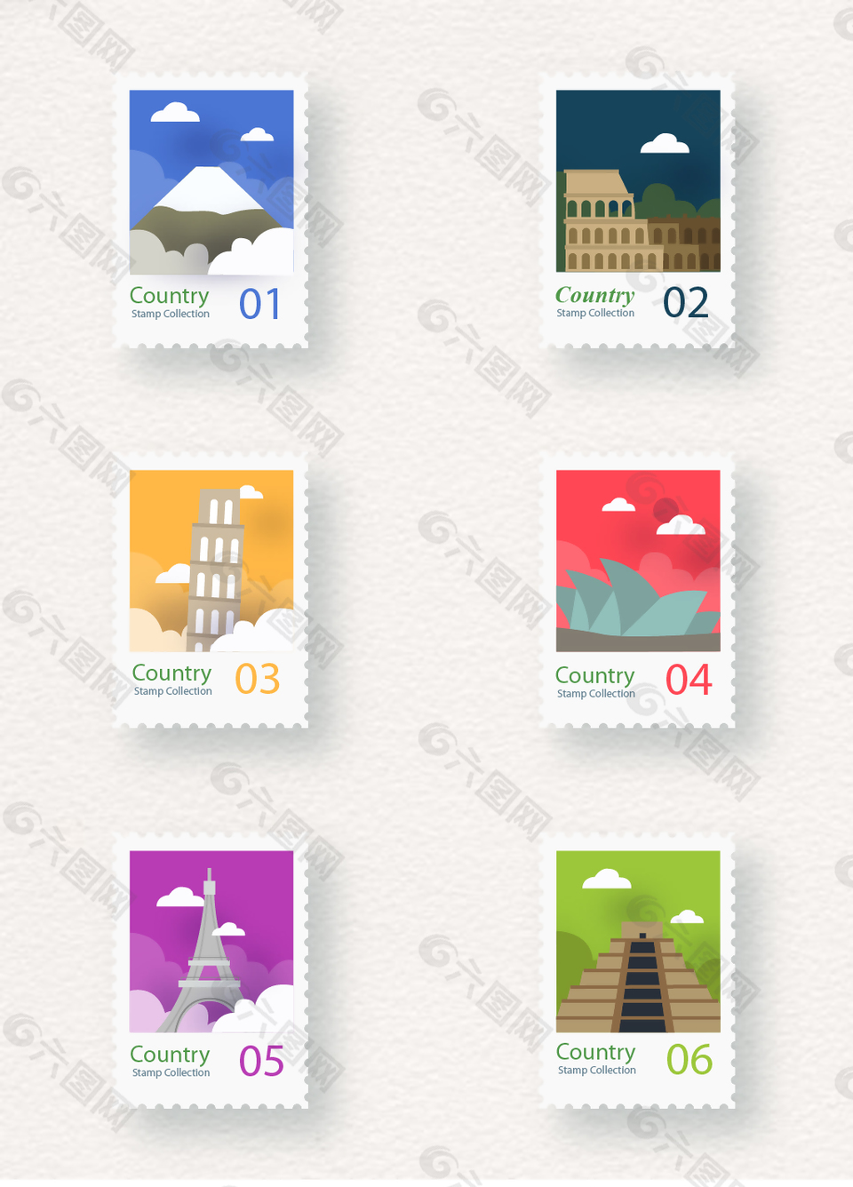 6款彩色卡通标志性建筑邮票