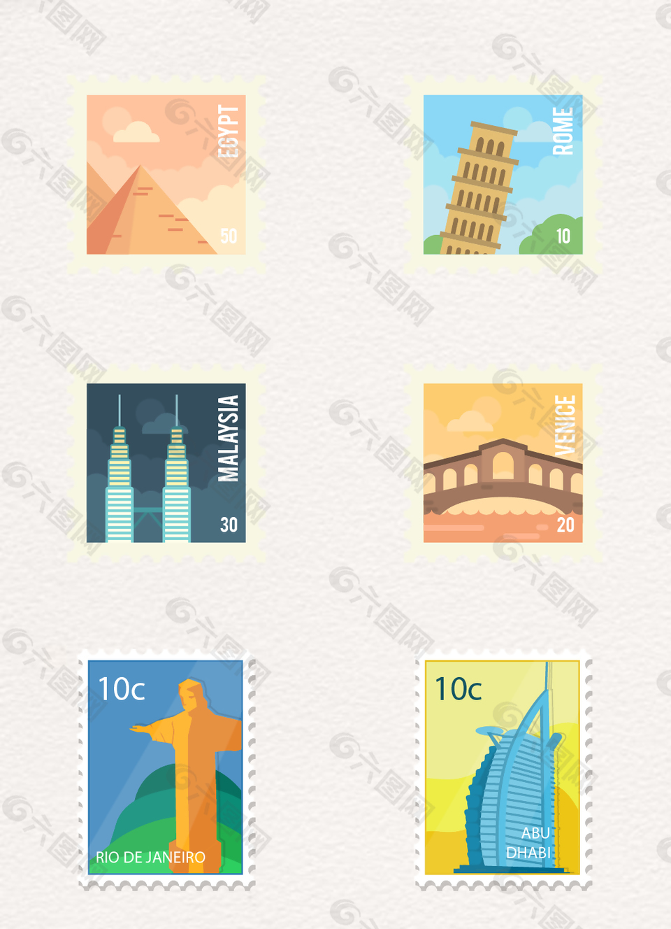 彩色世界标性旅游建筑邮票元素