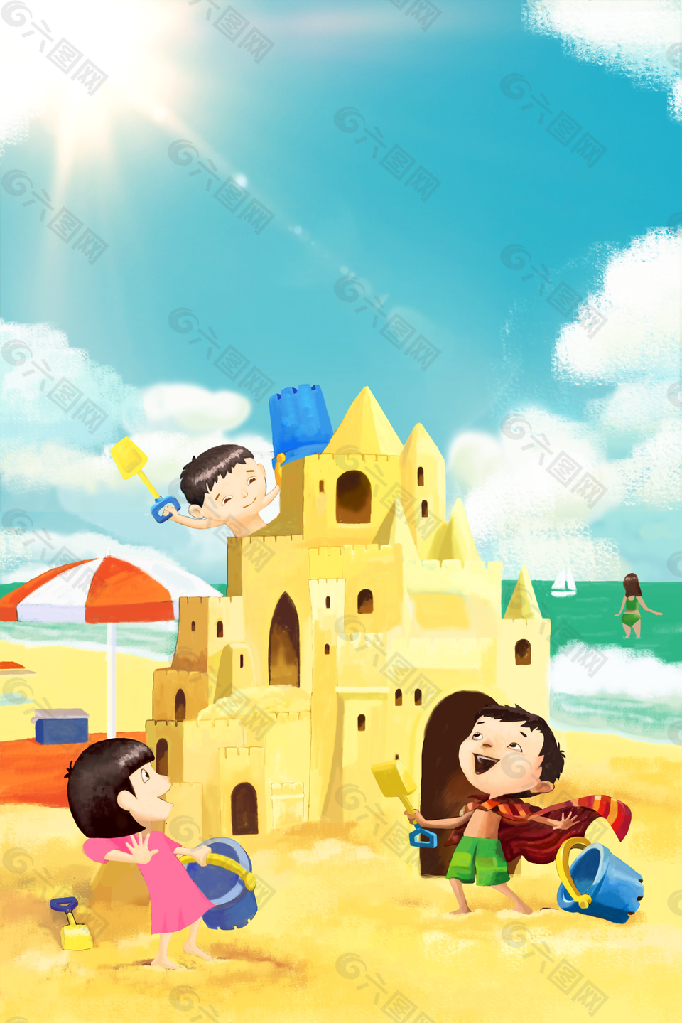 卡通沙滩玩耍六一儿童节背景
