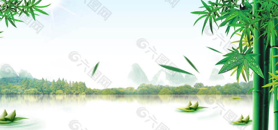 竹林双粽子游船端午背景设计