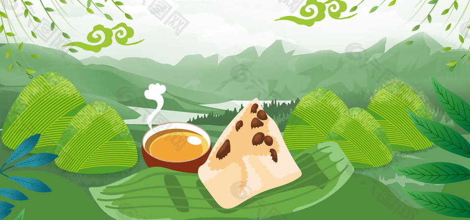 卡通可爱绿豆粽子端午背景设计