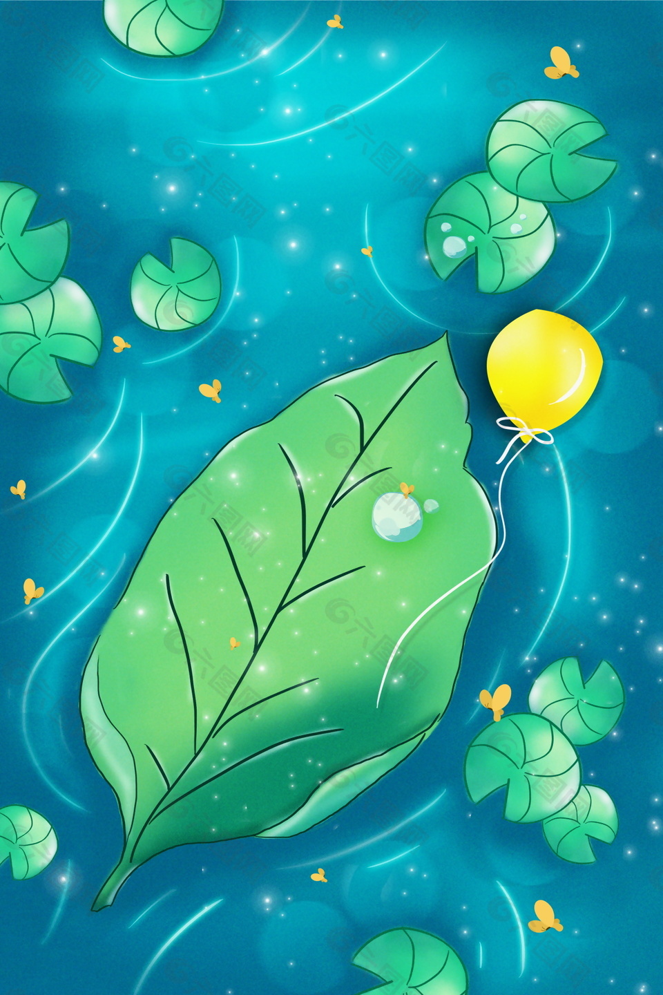 清新卡通湖面叶气球儿童节背景图