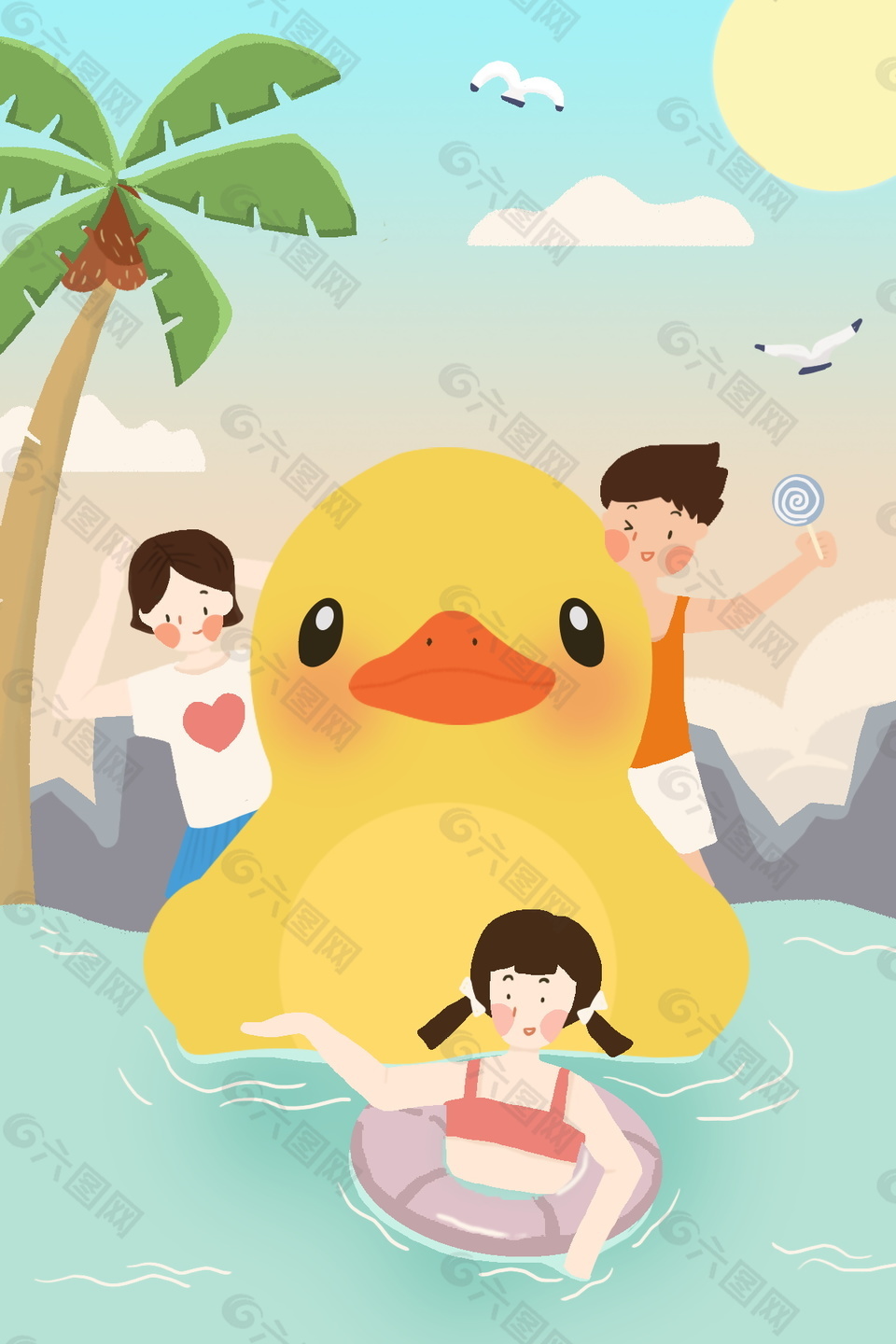 卡通海边大黄鸭椰树人物背景图