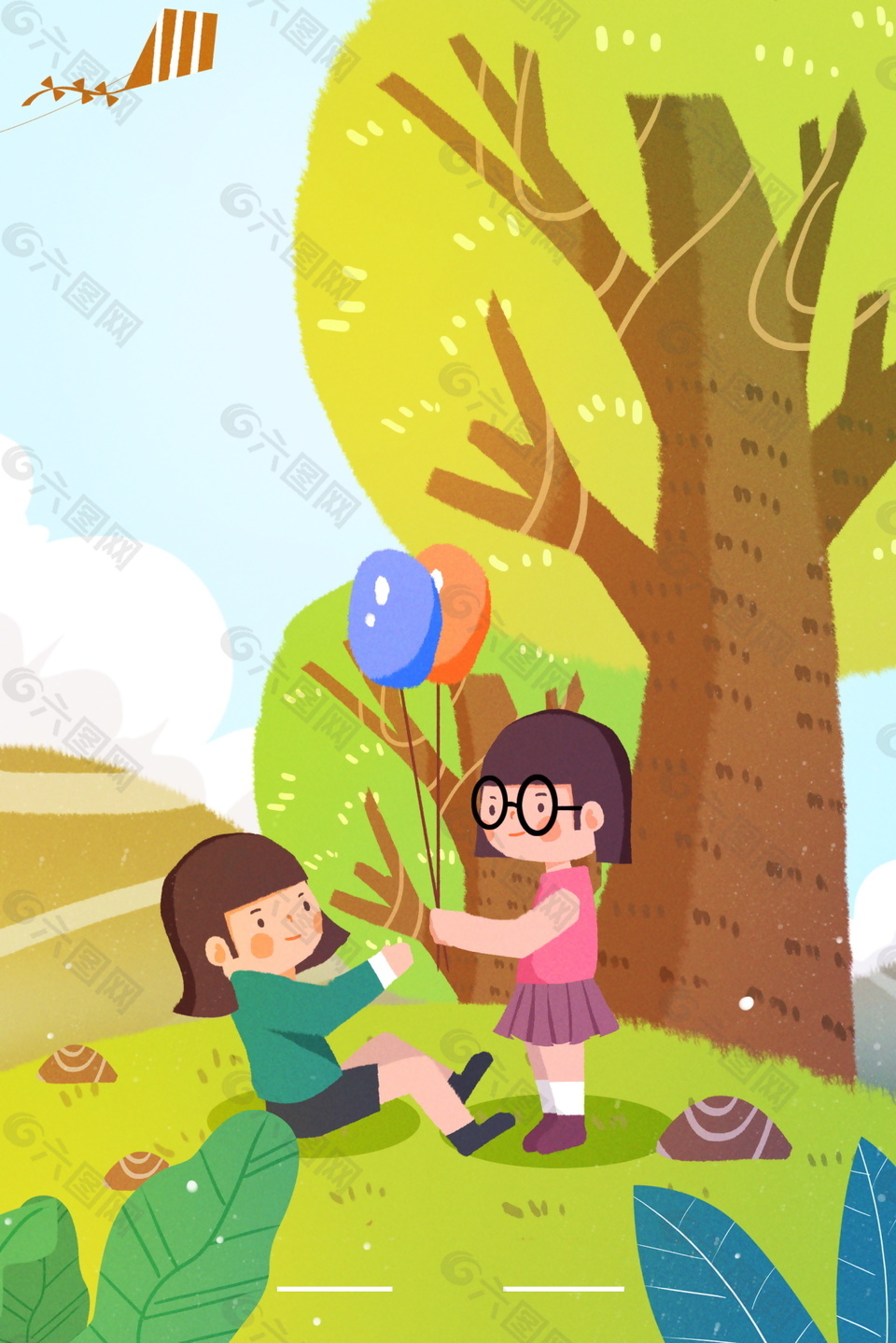 在树底下做游戏的2个小女孩背景图