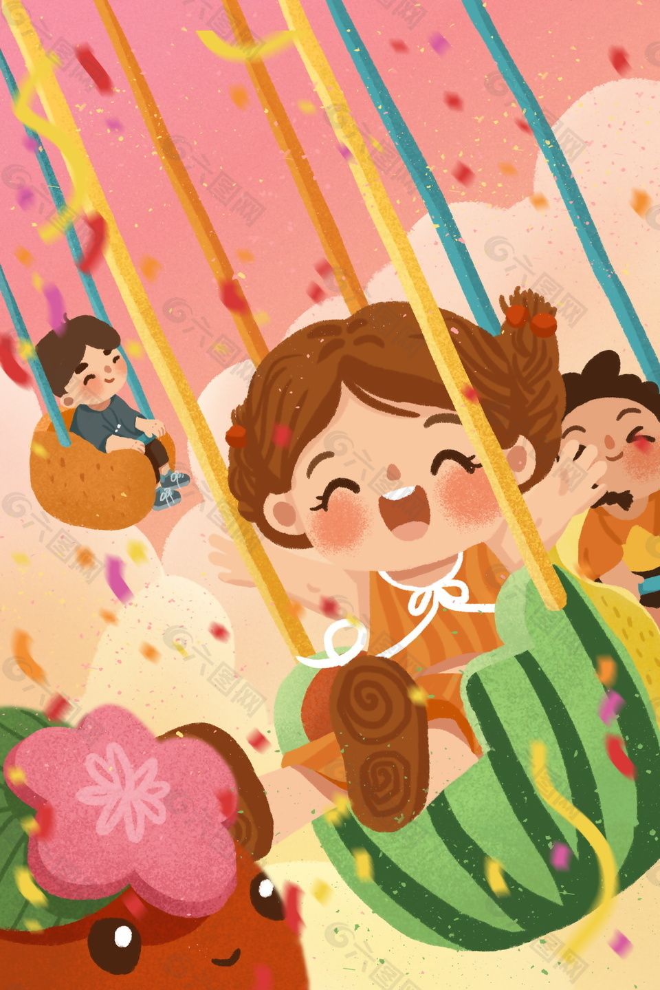 卡通西瓜飞椅上的儿童节日背景图