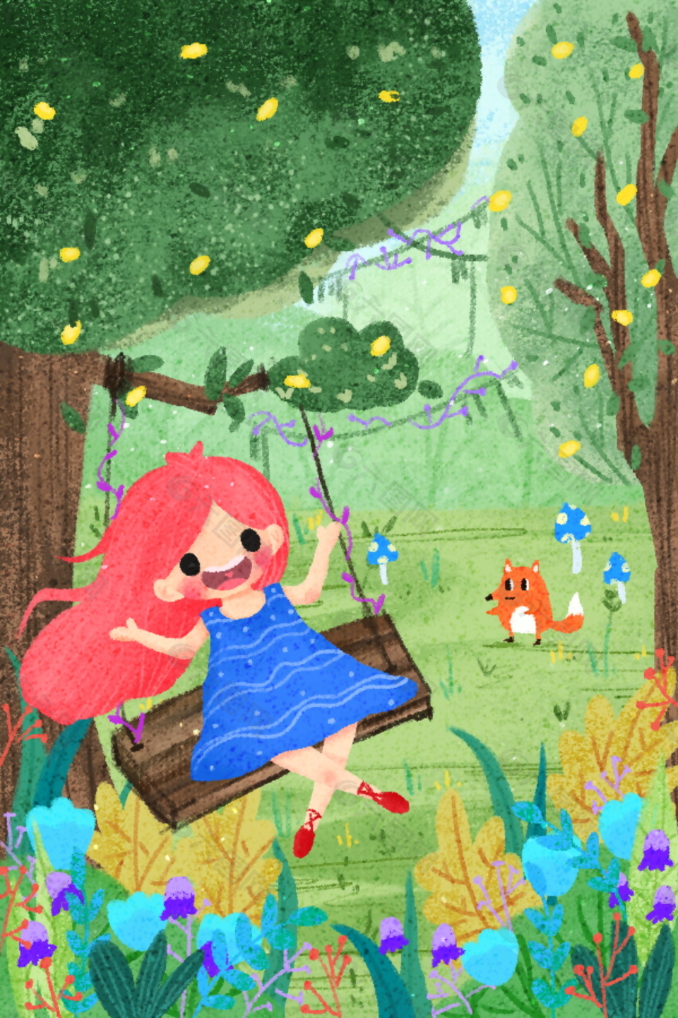 树林里荡秋千的女孩儿童节背景图
