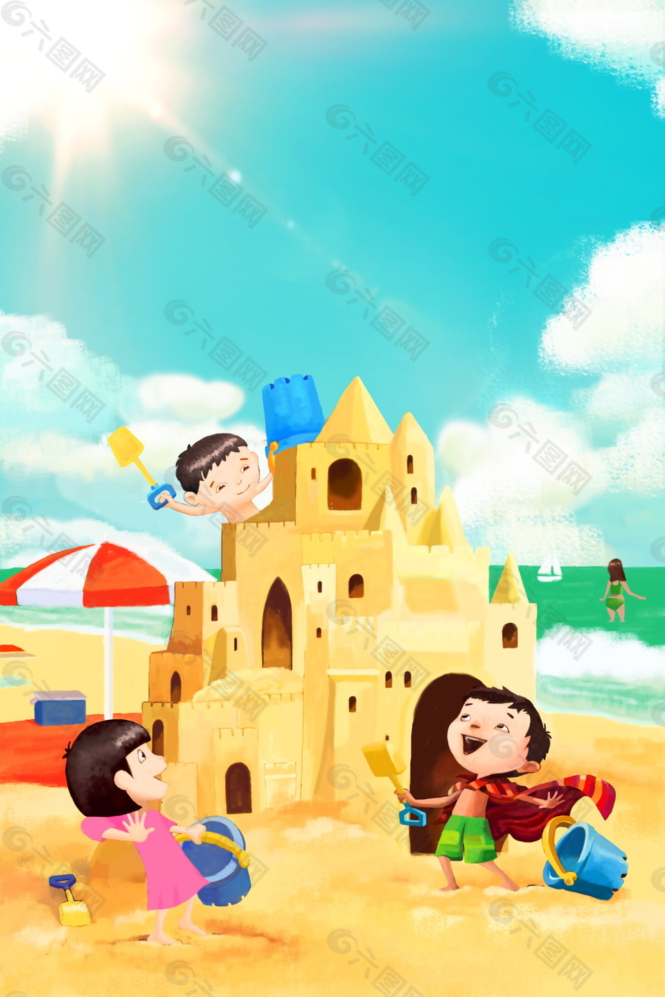 堆沙子城堡的孩子们儿童节日背景