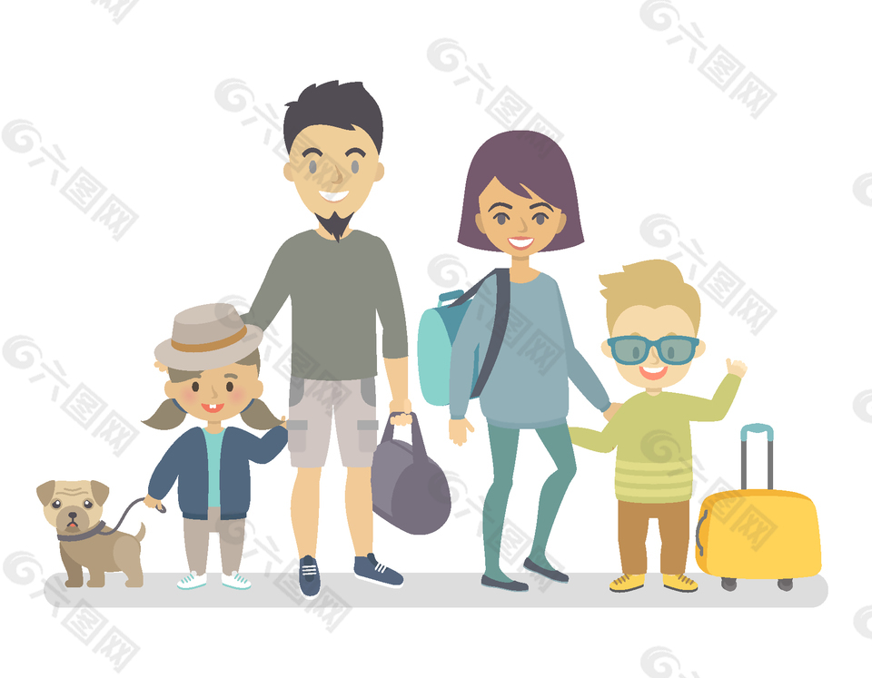 手绘一家四口旅行元素