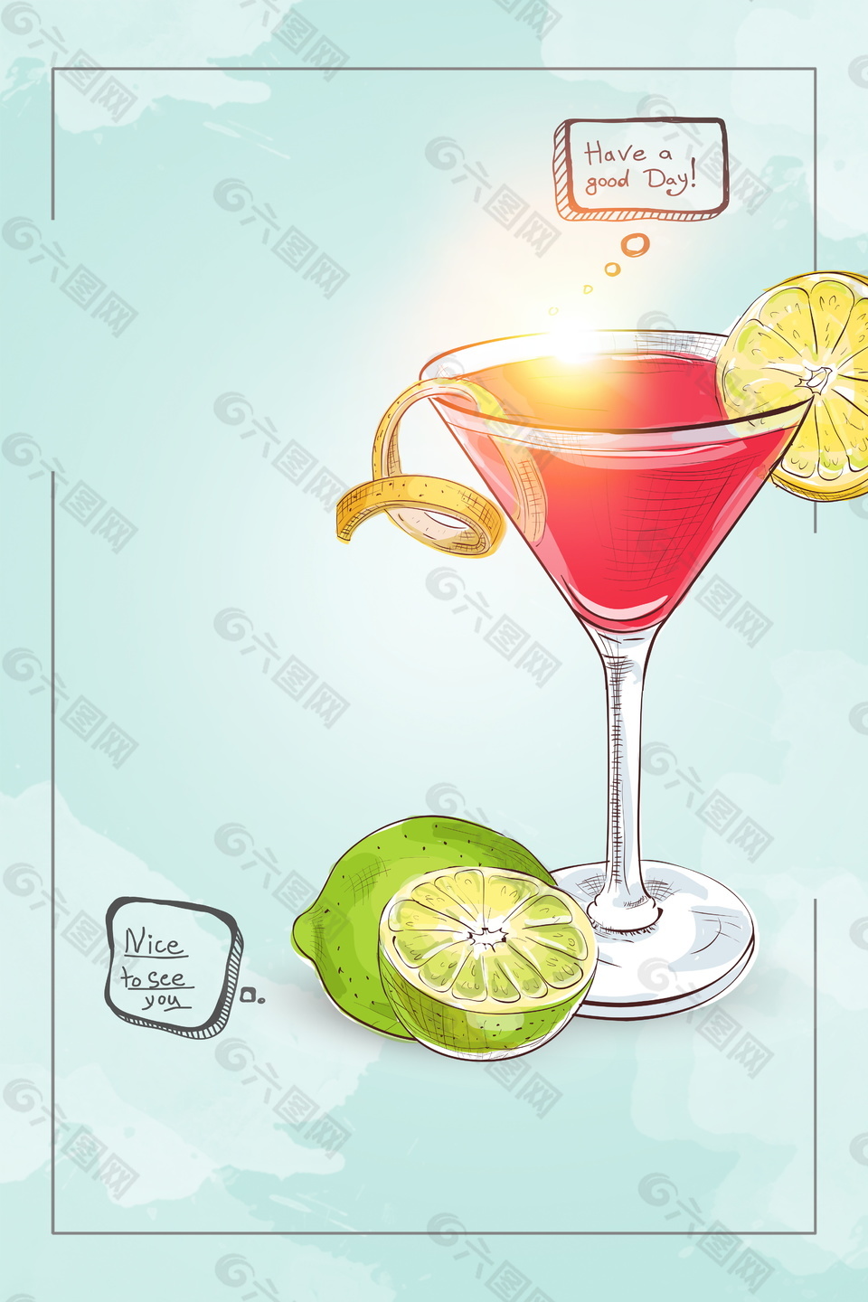 彩绘柠檬饮料边框背景图
