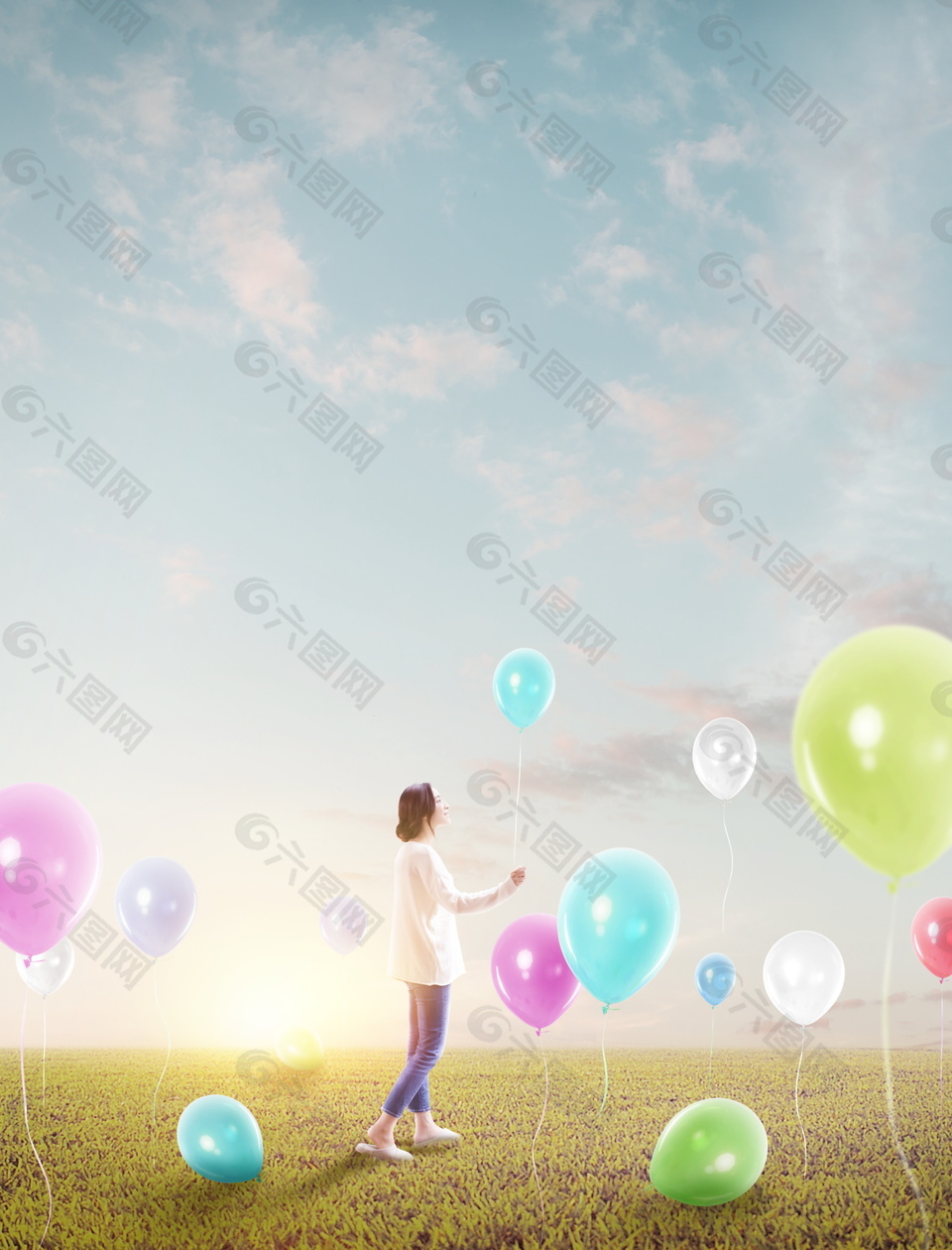 简约草地上的五彩气球人物背景设计