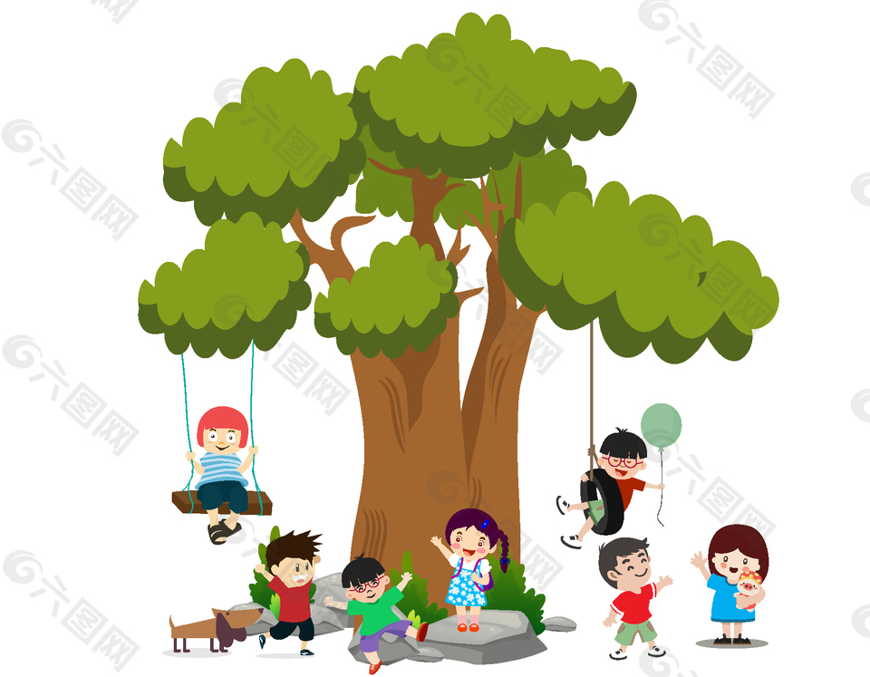 一群在大树下面玩耍的小朋友矢量图