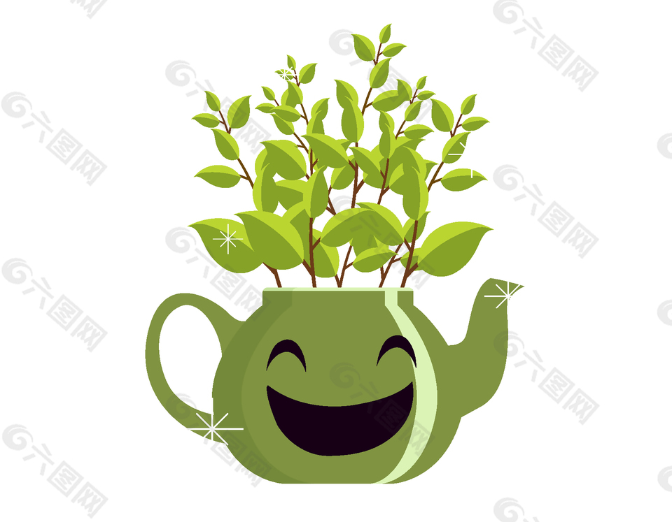绿色微笑的茶壶小盆栽矢量图