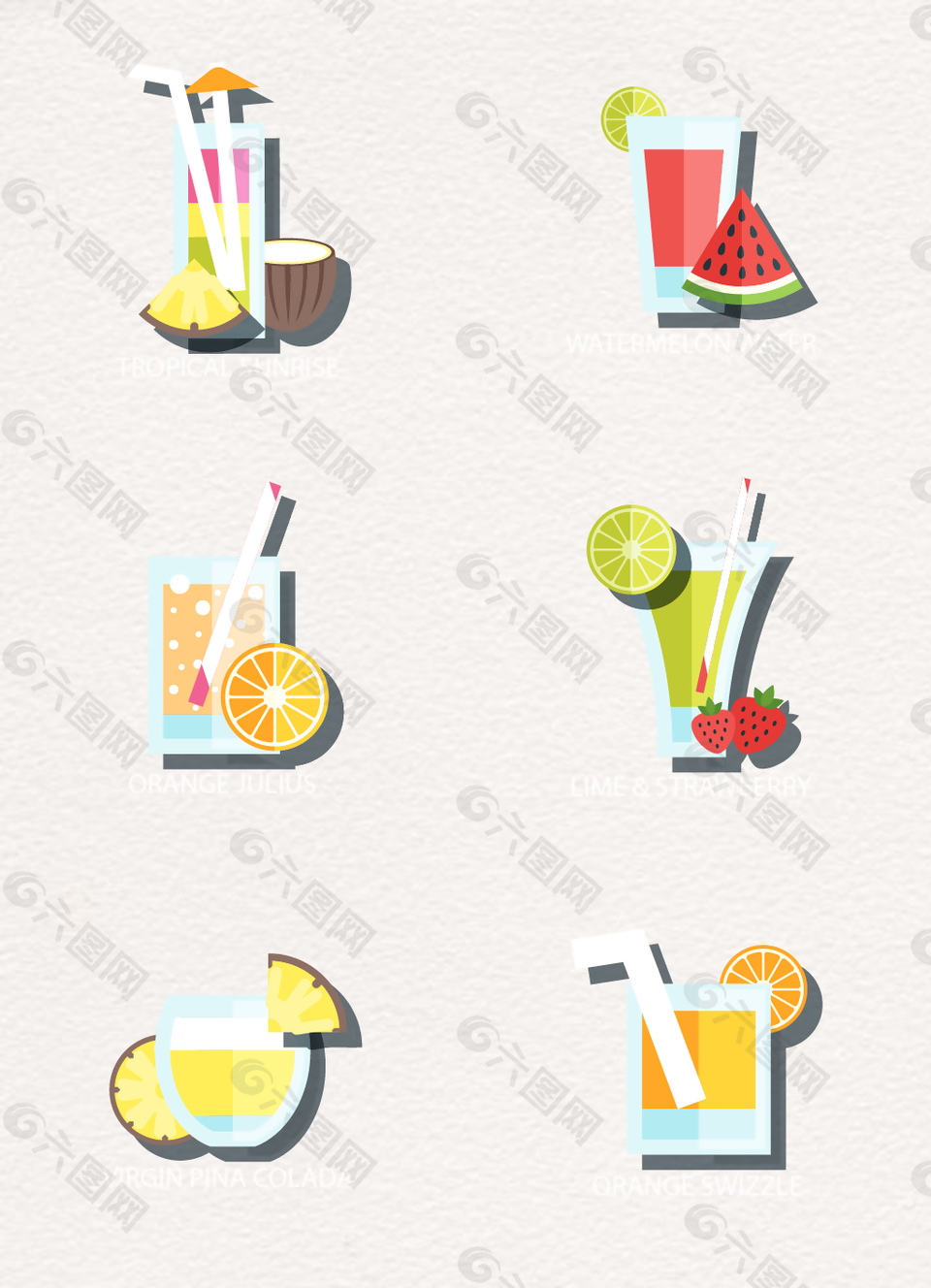6款夏季果汁饮品矢量图