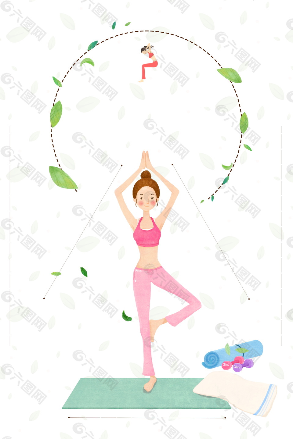 简约清新绿叶卡通瑜珈女广告背景素材