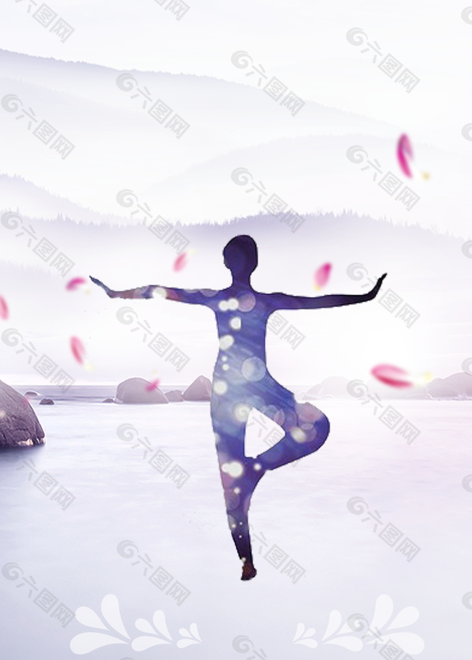 粉色花瓣湖面瑜伽女人广告背景素材